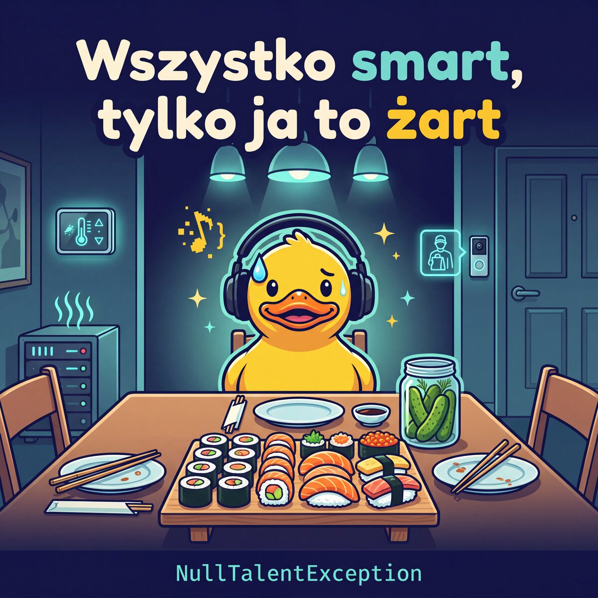 Okładka „Wszystko smart, tylko ja to żart”: kaczka w słuchawkach z wymuszonym uśmiechem siedzi przy stole pełnym sushi, jej pałeczki leżą nierozpakowane, obok słoik ogórków kiszonych.