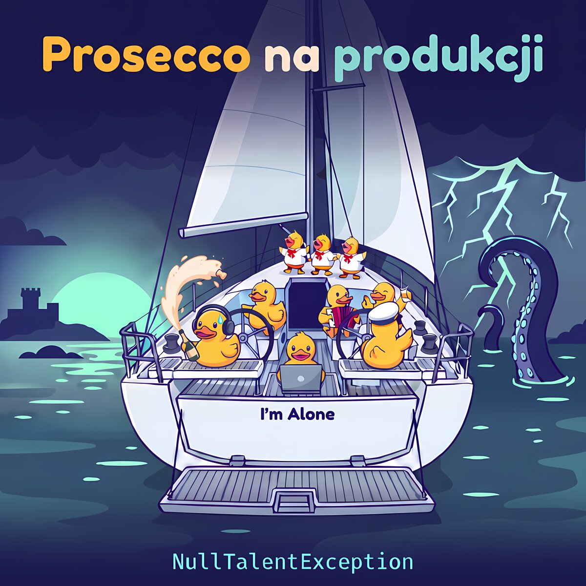 Okładka „Prosecco na produkcji”: żaglówka „I'm Alone” widziana od rufy, na pokładzie kaczki — jedna w słuchawkach strzela korkiem prosecco, inna stoi za sterem, kapitan w czapce, akordeonista, kaczka z laptopem i trzyosobowy chórek przy maszcie. W tle twierdza na wyspie, księżyc i burza, a z morza wynurza się macka.
